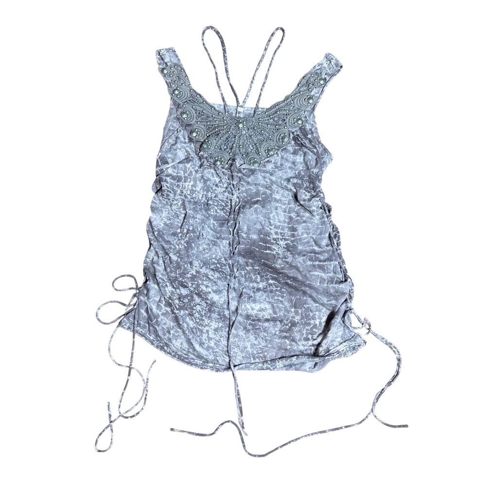 MUR MUR Tank Top Womens L Grey‎ Good Beaded Crochet Lace Up Boho Fairycore y2k